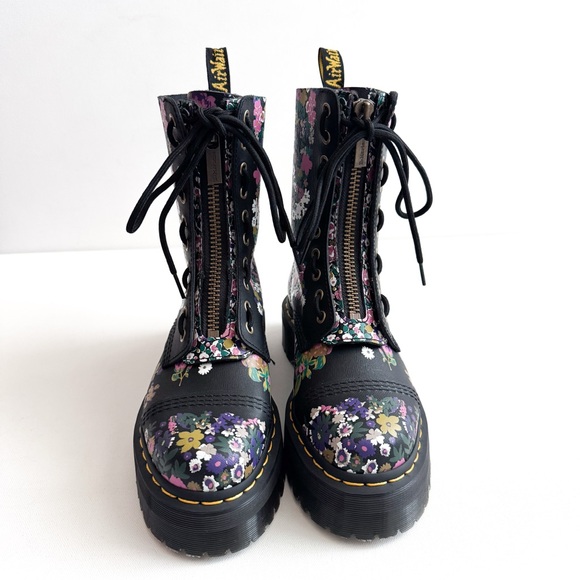 Dr. Martens Sinclair Black Leather Vintage Floral Zip Lace Up Platform Boots - Picture 2 of 10